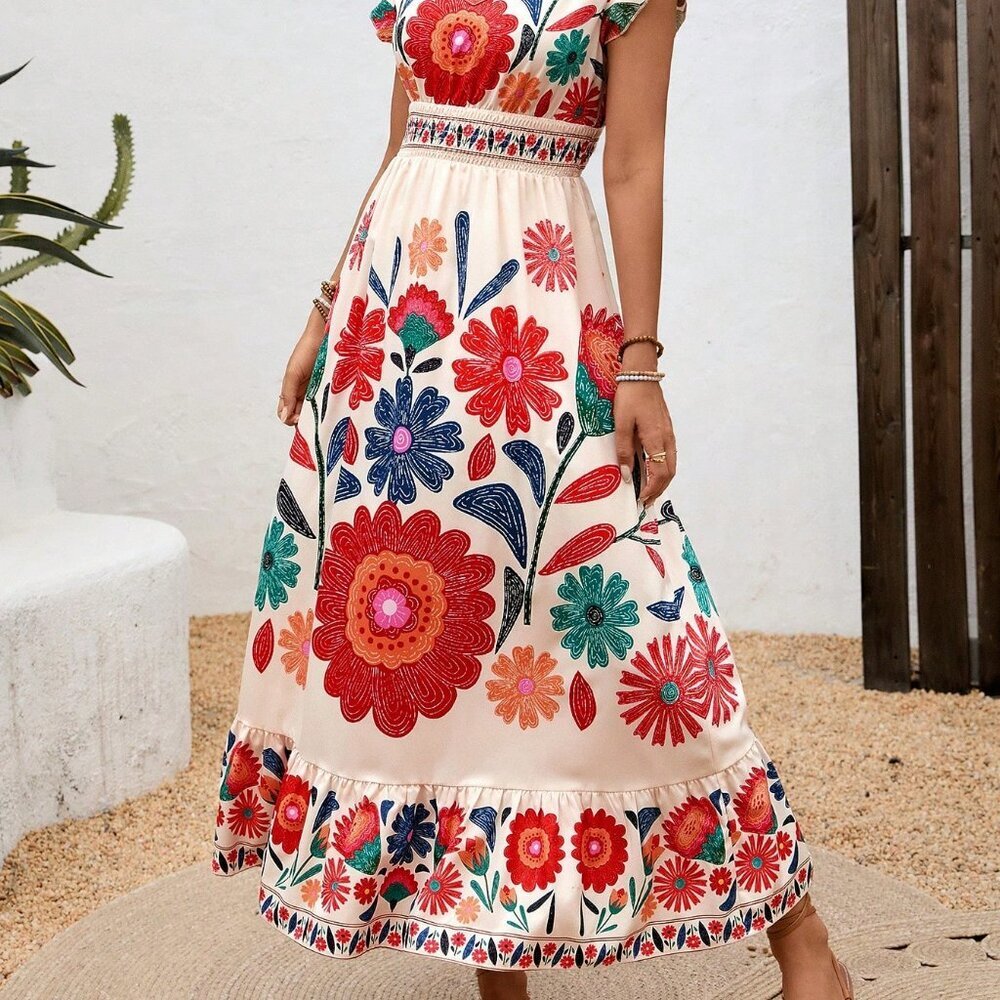 Multicolor Bohemian Women's Casual Lightweight V-Neck Floral Print Maxi Dress - Picture 4 of 10